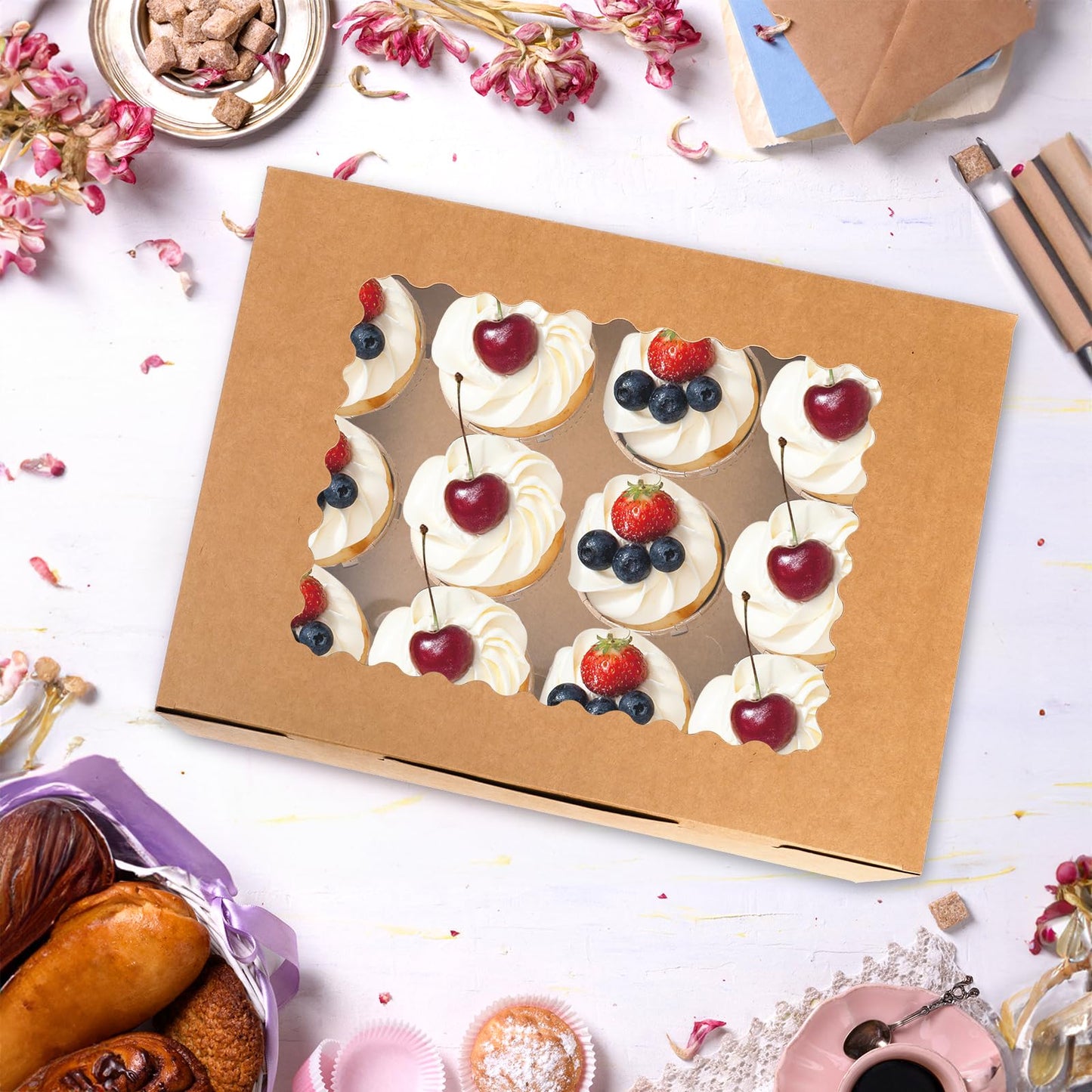 Jucoan 20 Pack Cupcake Boxes, 12 Counts Dozen Cupcake Containers with Window and Insert, Brown Bakery Pastry Treat Boxes for Muffins, Cookies, Donuts, Take Out Containers for Party