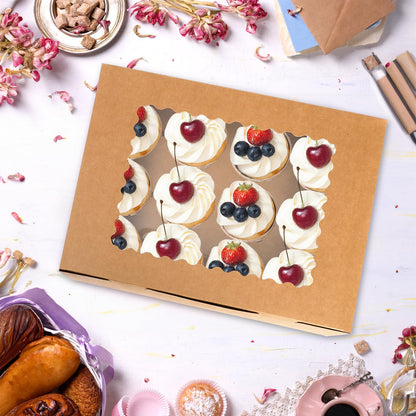 Jucoan 20 Pack Cupcake Boxes, 12 Counts Dozen Cupcake Containers with Window and Insert, Brown Bakery Pastry Treat Boxes for Muffins, Cookies, Donuts, Take Out Containers for Party