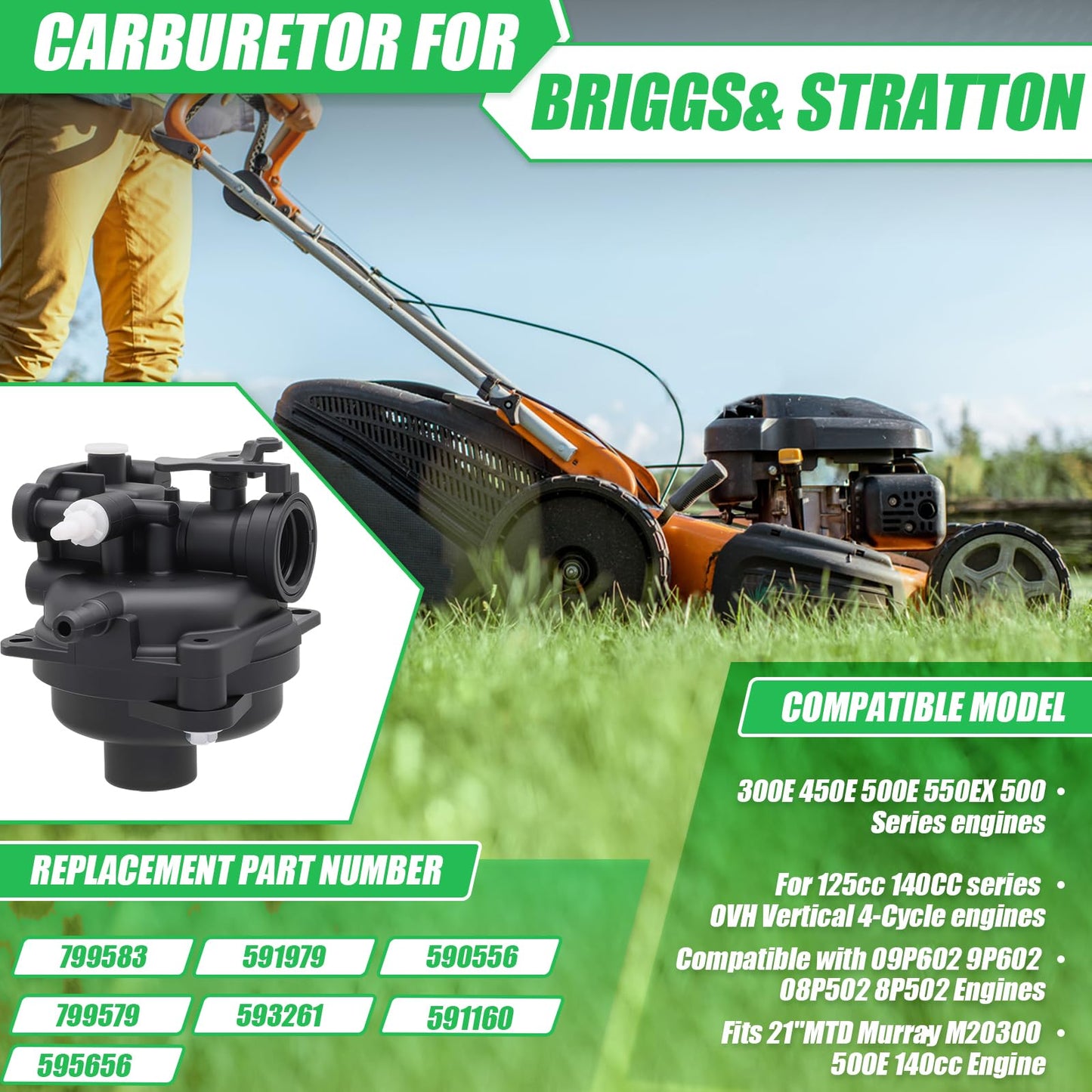 799583 Carburetor Replacement for Briggs Stratton 593261 595656 591979 Engines 450E 500E 550E 550EX Series 125cc 140cc Lawnmower with 595663 Air Filter Base 799579 Air Cleaner Foam Filter Kit A19