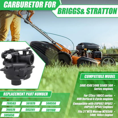 799583 Carburetor Replacement for Briggs Stratton 593261 595656 591979 Engines 450E 500E 550E 550EX Series 125cc 140cc Lawnmower with 595663 Air Filter Base 799579 Air Cleaner Foam Filter Kit A19