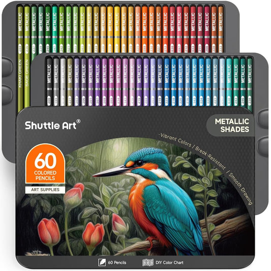 Shuttle Art 60 Metallic Colored Pencils, Colored Pencils for Adult Coloring, Soft Core Coloring Pencil in Gift Tin Box, Drawing Pencil for Adults Beginners Artists Drawing Sketching