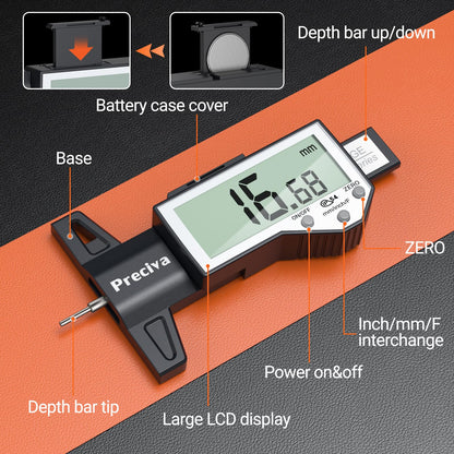Preciva Tire Tread Depth Gauge & Brake Lining Gauge Set, with Large LCD Display and Inches, Millimeters, Fraction Conversion, for Tread, Brake Shoe and Pad Wear