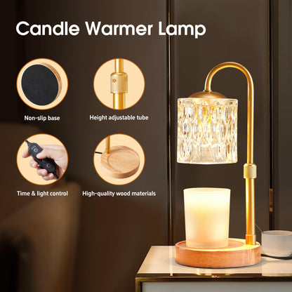 Briever Dimmable Candle Warmer Lamp with Timer, Height Adjustable Electric Candle Wax Warmer for All Size Jar Candles, Top-Down Light Heat Melting Wax with 2 Bulbs & Wooden Base for Gifts Home Decor