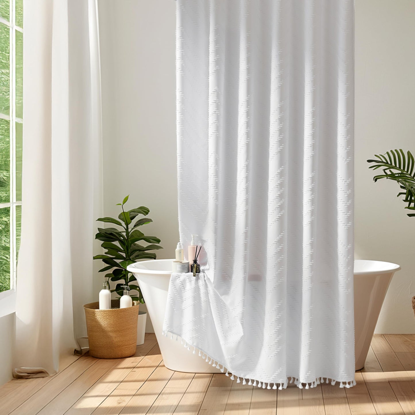 Boho Shower Curtain White Tassel Woven Fabric Shower Curtain Modern Farmhouse Textured Tufted Chevron Striped Minimalist Bathroom Hotel 72 x 72 White