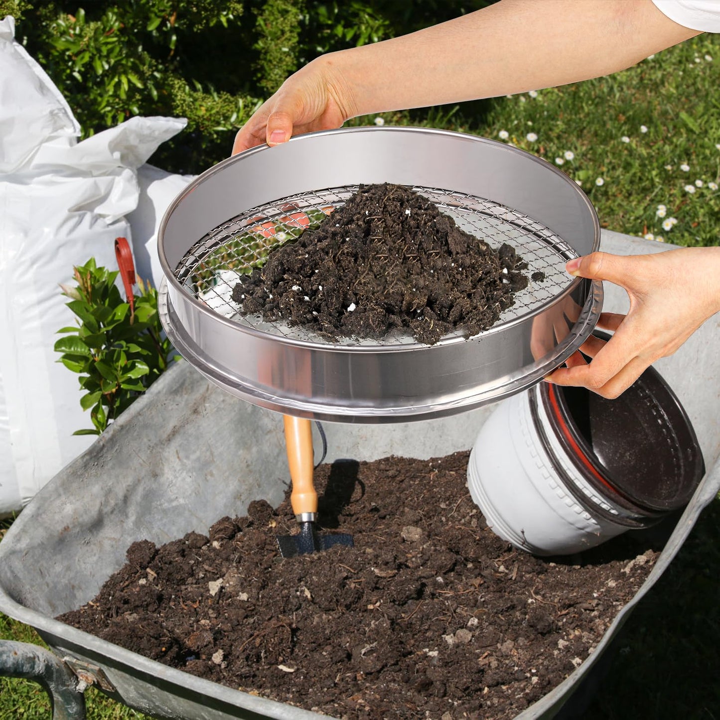 Suwimut Soil Sifter for Gardening, 12 Inch Large Stainless Steel Soil Sieve with 0.39 Inch Mesh, Garden Sifting Screen for Dirt, Sand, Rock, Filtration, Compost and Bonsai