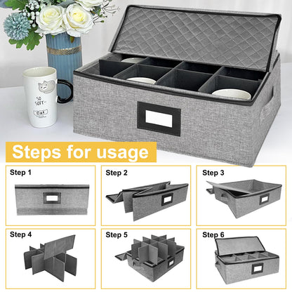 Coffee Mug Storage Box with Dividers, Durable China Storage Containers for Coffee Mugs, Tea Cups Storage Organizer with Lid, Handles, Label Window, Holds 12 Mugs, Hard Shell and Stackable