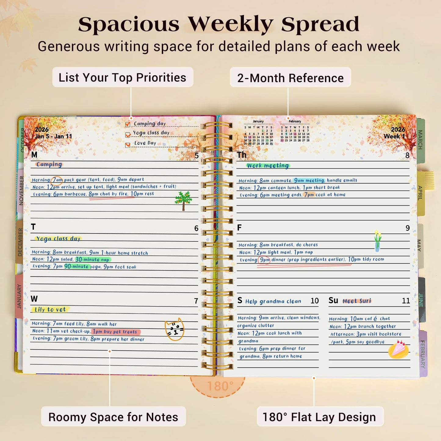 Planner 2026-2027, 18 Months Weekly and Monthly Daily Planner from January 2026 - June 2027, 8.5" x 11" A4 Large Hardcover Agenda Organizer Book 2026 with Tabs, Spiral Yearly Calendar Planners for School Work Home, Colorful Feather