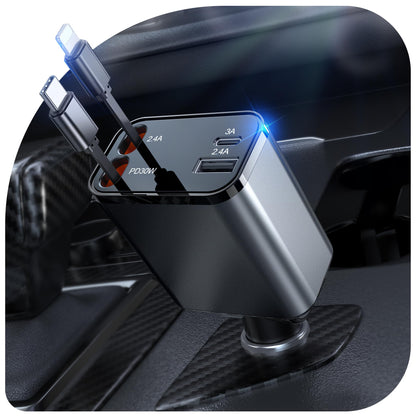 69W Retractable Car Charger, 4-in-1 Fast Car Phone Charger with 2.6ft Two Retractable Cables and USB C+USB A Car Charger Block Cube, Compatible with iPhone 16 15 14 13 12 Pro Max Plus,Galaxy,Pixel