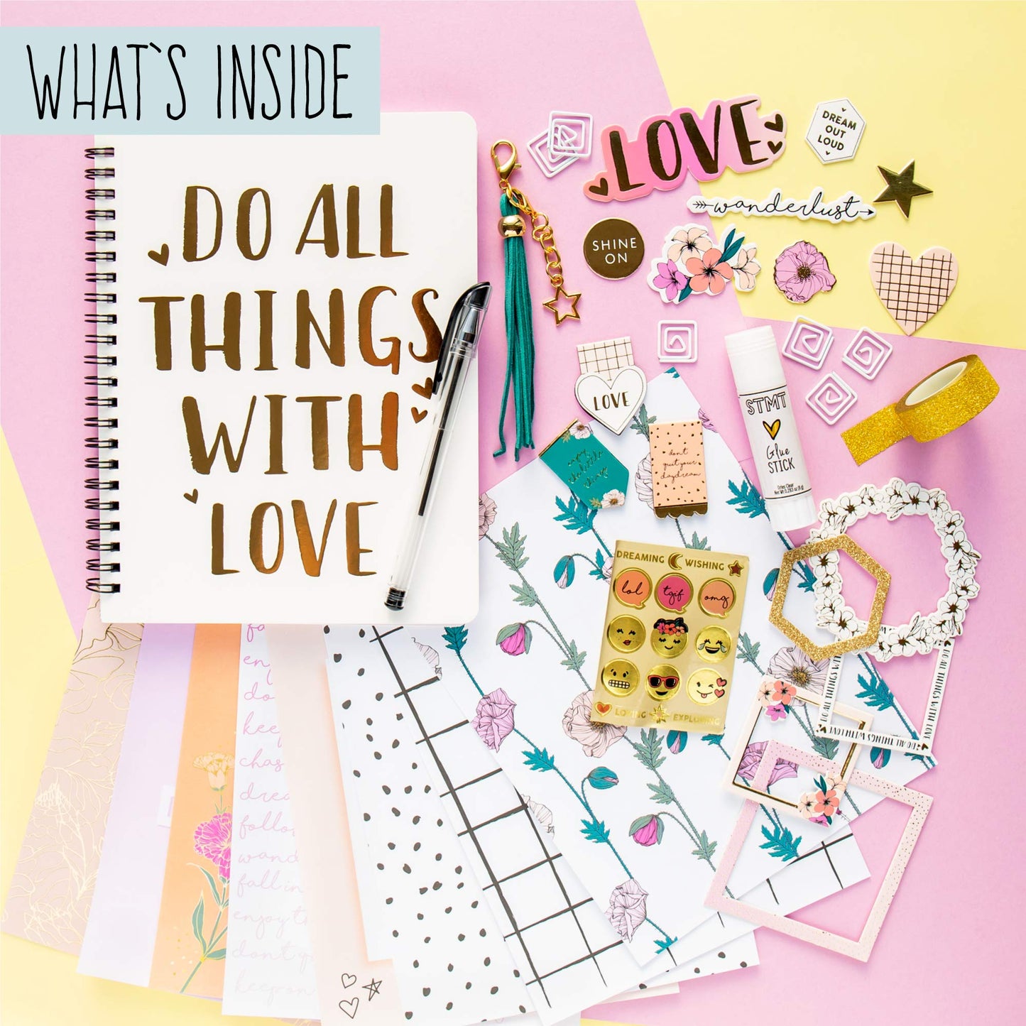 STMT 90824 DIY Journaling Set by Horizon Group USA, Personalize & Decorate Your Planner/Organizer/Diary with Stickers, Glitter Frames, Magnetic Bookmarks, Tassel Keychain & More. Pen Included