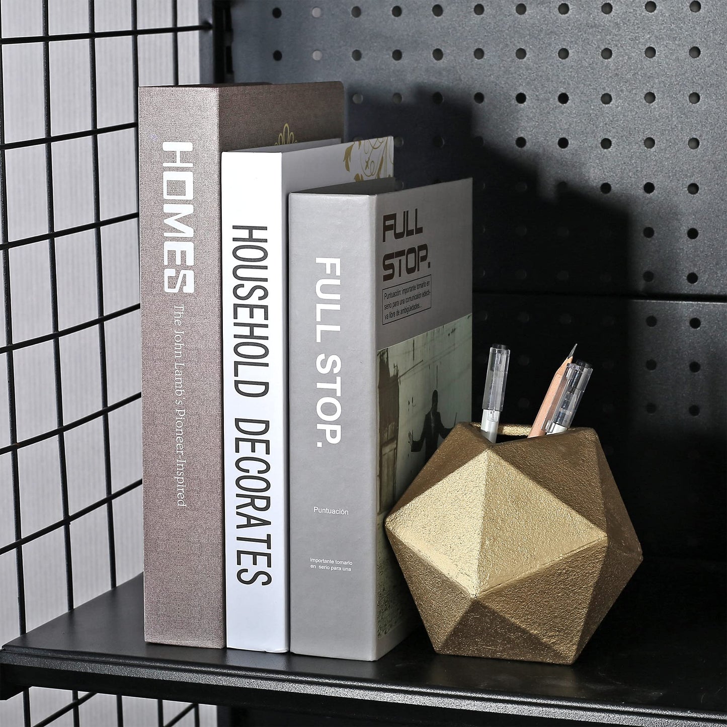 Ambipolar Geometric Shelf Décor Ball Shape Iron Cast Decorative Bookend for Lightweight Books Or Organizer, 2 Pack (Gold)