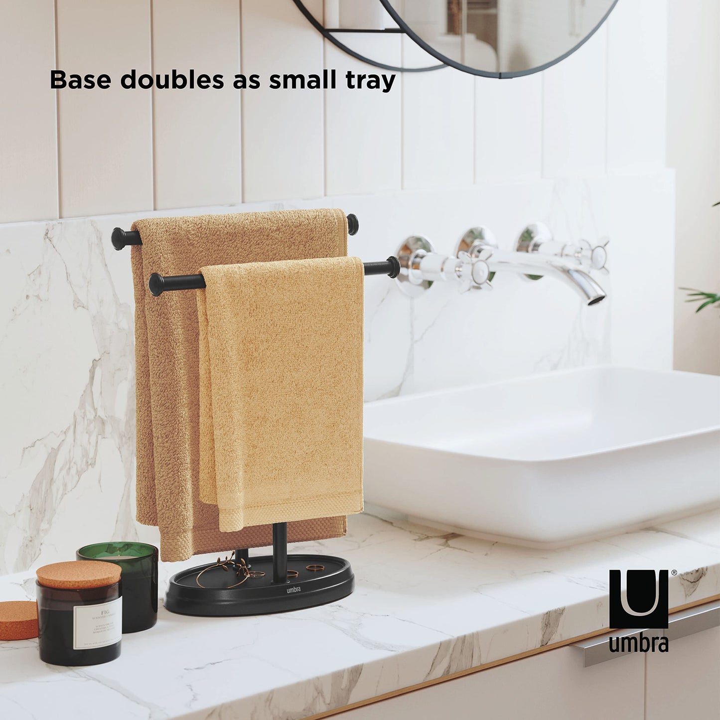 Umbra Palm Double Hand Towel Tree, Brushed Nickel 2 Towels Holder and Accessories Stand for Bathroom Vanities - Slim, Modern, Durable Bars with Base Serves as a Jewelry Tray for Rings