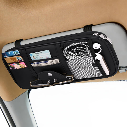 Yuan & Chuang Car Visor Organizer, Sun Visor Storage Pouch with Zipper, Lightweight Car Organizer for Cards, Glasses and Documents, PU Leather, Road Trip Essentials, Fits Most Vehicles, Black (1 Pack)