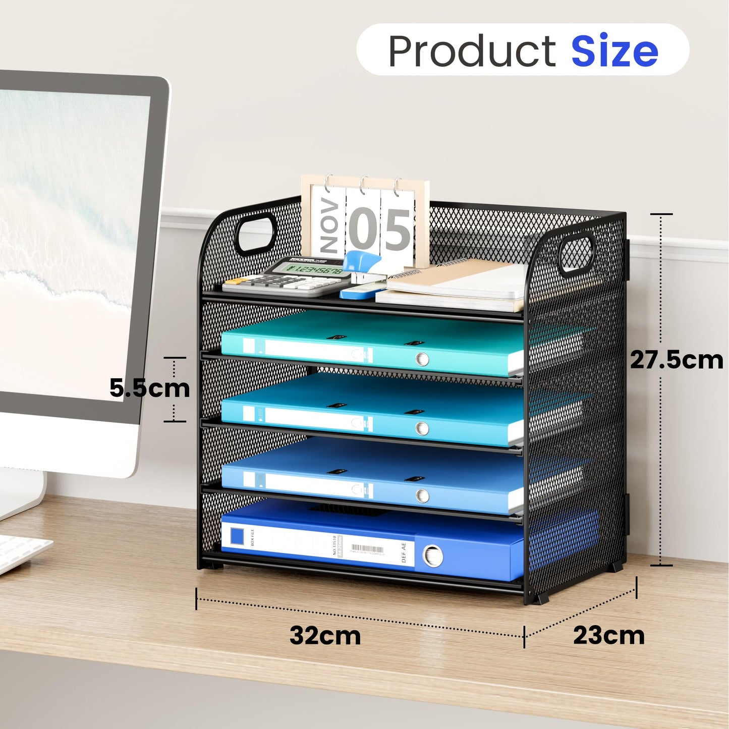5 Tier Paper Desk Organizer with Handle and 1 Pcs Slideable Letter Tray, A4 Paper File Folder Sorter Metal Mesh Organizer for Home Office School Desk Supplies Organization Storage - Black