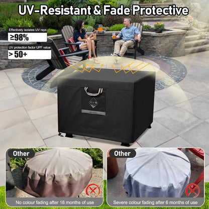 QH.HOME Fire Pit Cover Square Super Waterproof, 30" L x 30" W x 24" H Outdoor Firepit Table Cover 600D Strong Tear Resistant, UPF 50+ Fire Pit Cover Fading Resistant for Square Fire Pit - Black