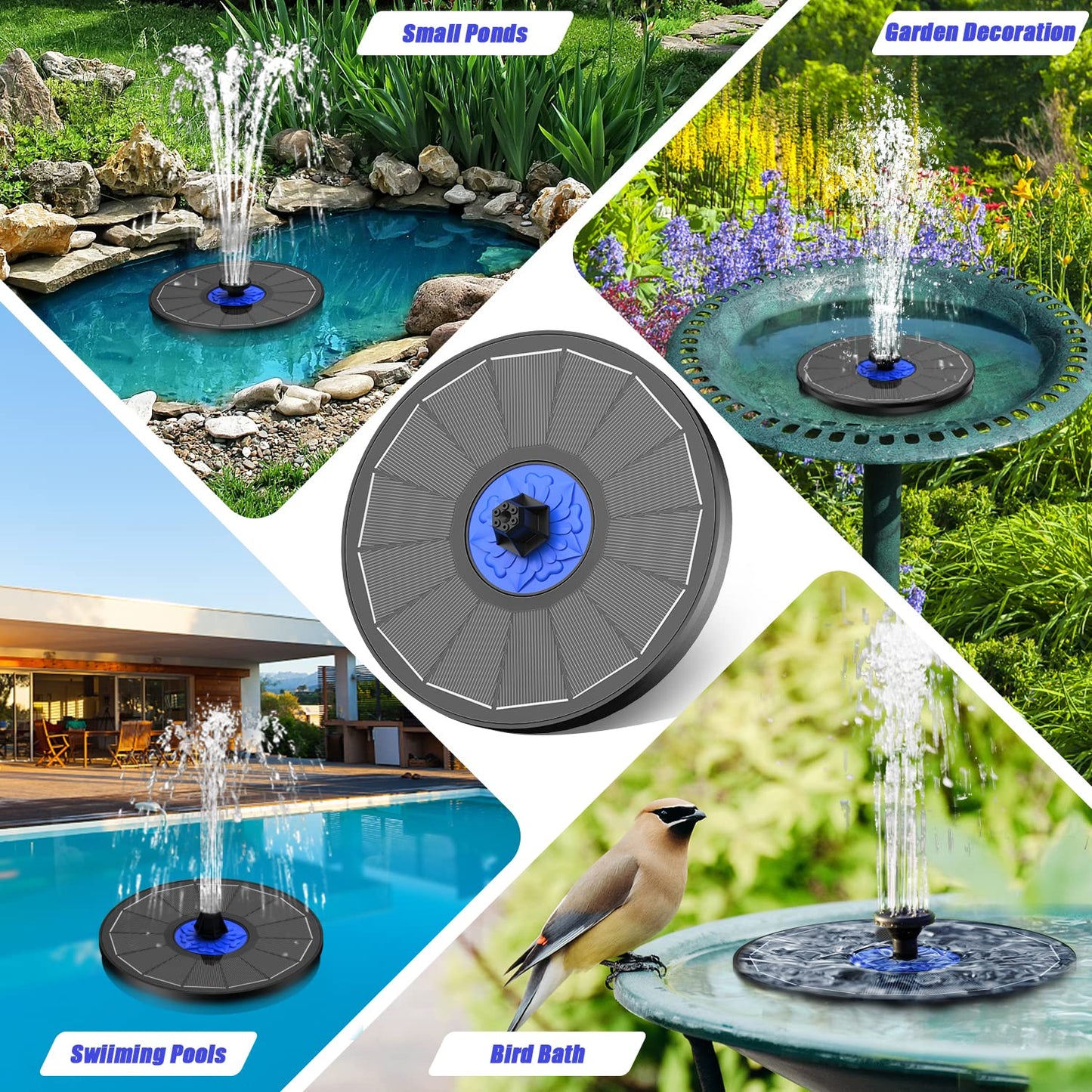 SZMP Solar Fountain Upgrade, 3.5W Solar Powered Bird Bath Fountains with Flower, Outdoor Water Feature Solar Fountain Pump with 7-in-1 Nozzles, 4 Fixed Pipes for Humingbirds, Birdbath, and Garden