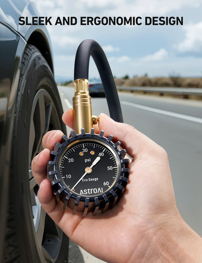 AstroAI Heavy Duty Tire Pressure Gauge 60 PSI with Large 2" Easy Read Glow Dial, Durable Rubber Hose and Solid Brass Construction, Professional Mechanical Tire Gauge for Motorcycles, Cars, Bicycle