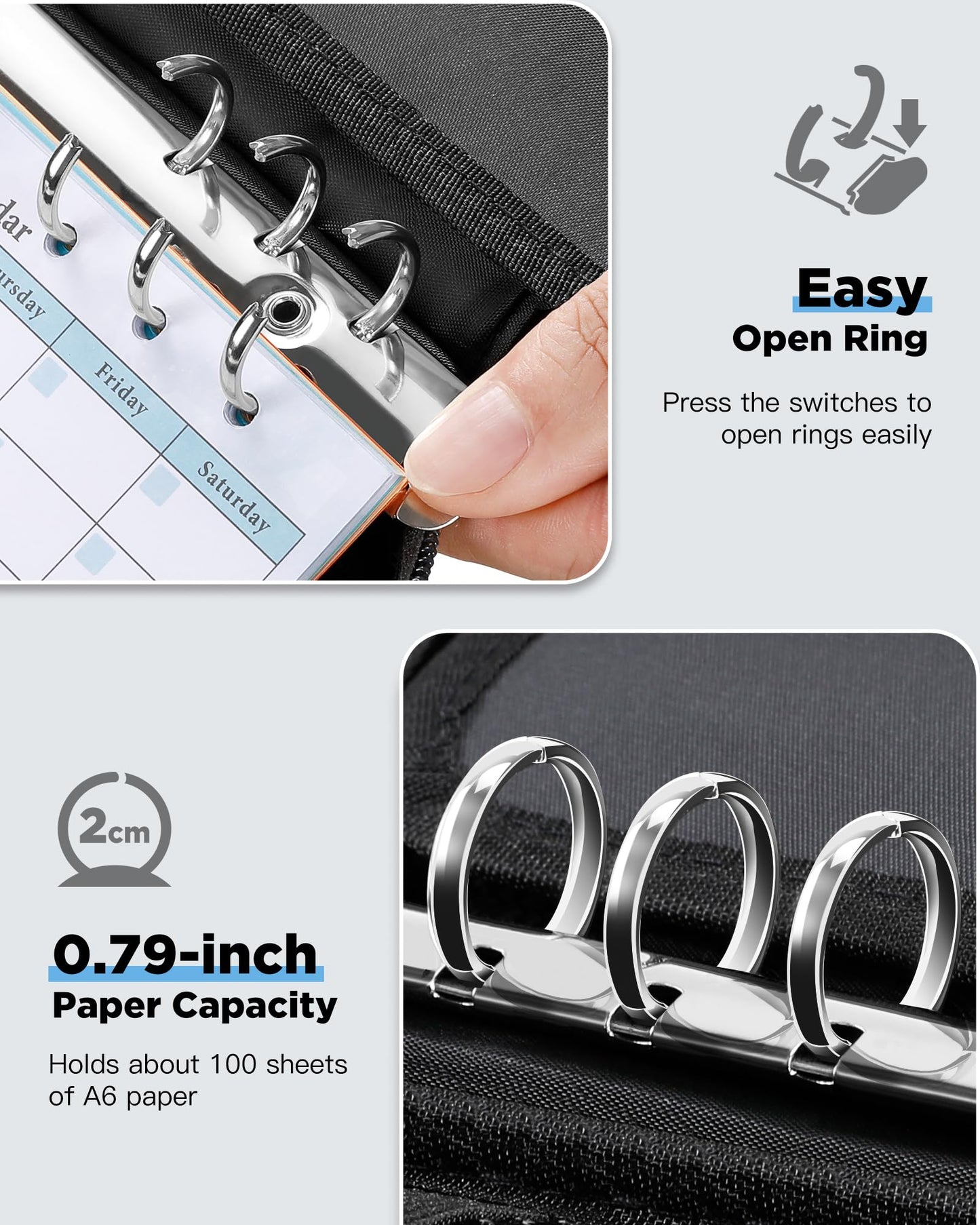 Zannaki A6 Zipper Binder, 6 Ring Personal Planner Journal Budget Binder Cover Case, Refillable Notebook Shell for Cash Envelope Loose Leaf Filler Paper Organizer Portable School Office Supplies, Black
