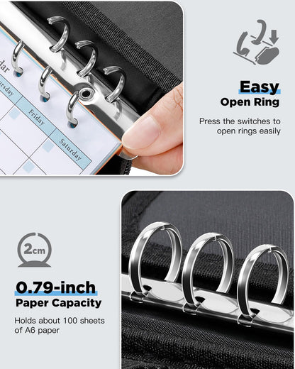 Zannaki A6 Zipper Binder, 6 Ring Personal Planner Journal Budget Binder Cover Case, Refillable Notebook Shell for Cash Envelope Loose Leaf Filler Paper Organizer Portable School Office Supplies, Black