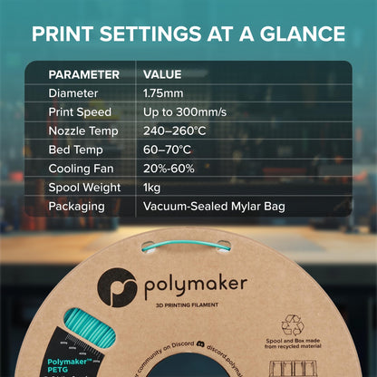 Polymaker PETG White 3D Printer Filament 1.75mm 1kg, High Speed PETG up to 300mm/s, High Strength New Formula, Excellent Layer Adhesion, Warp Free, Compatible with Most 3D Printers
