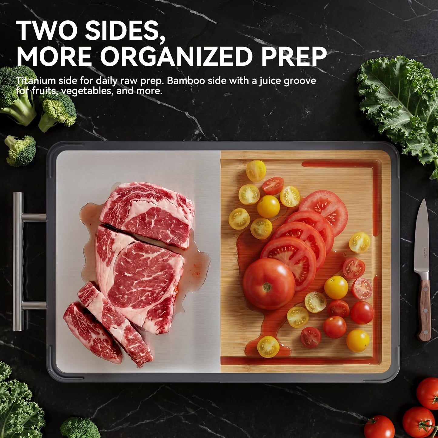Titanium Bamboo Cutting Board for Kitchen, Double-Sided Titanium & Bamboo Chopping Block, Reversible Meat and Vegetable Prep Surface, Easy to Clean (16×11)