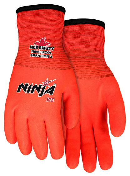 MCR Safety Ninja Ice N9690FCOL Hi-Visibility Work Gloves, 15 Gauge Hi-Vis Orange Nylon Shell, 7 Gauge Insulated Terry Liner, HPT Full Coat, Large