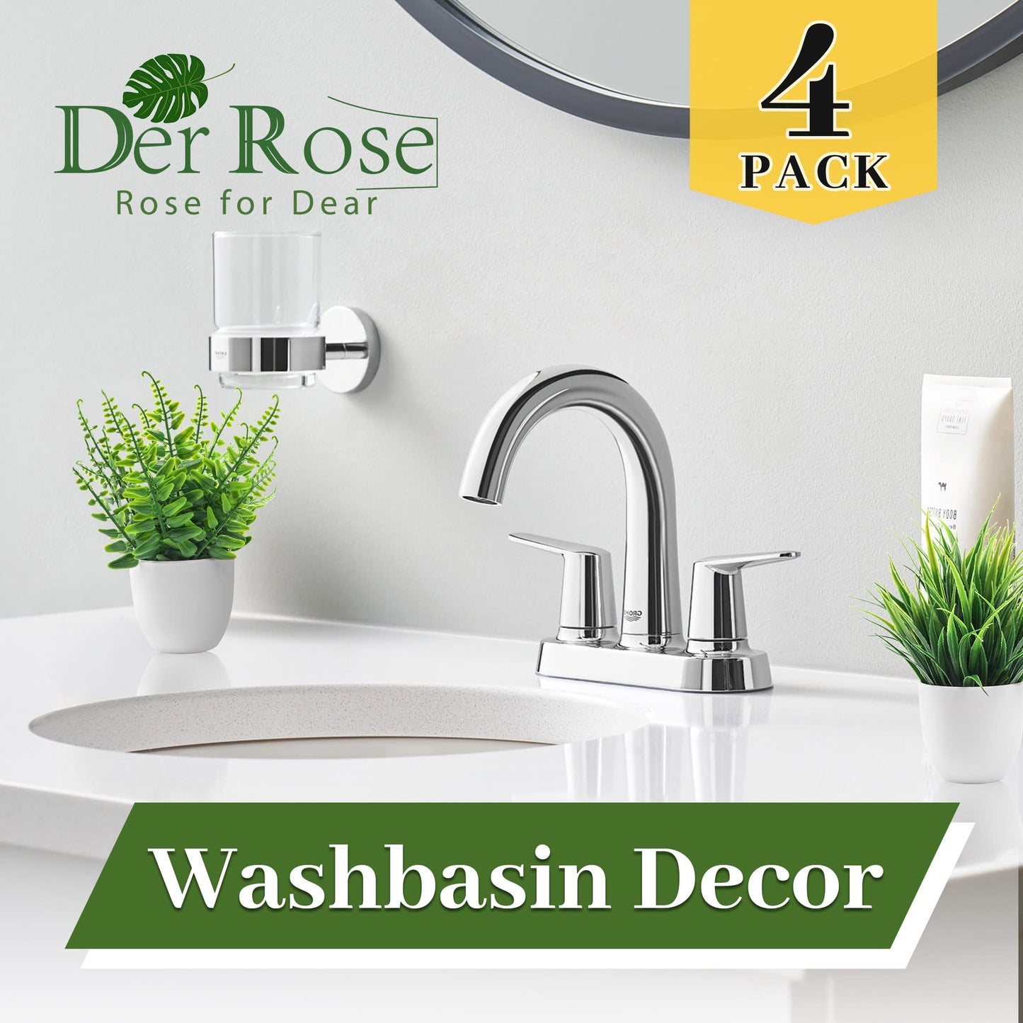 Der Rose Fake Plants 4 Packs Artificial Plants Small Faux Plants in White Pot for Bathroom Home Office Table Decor Indoor