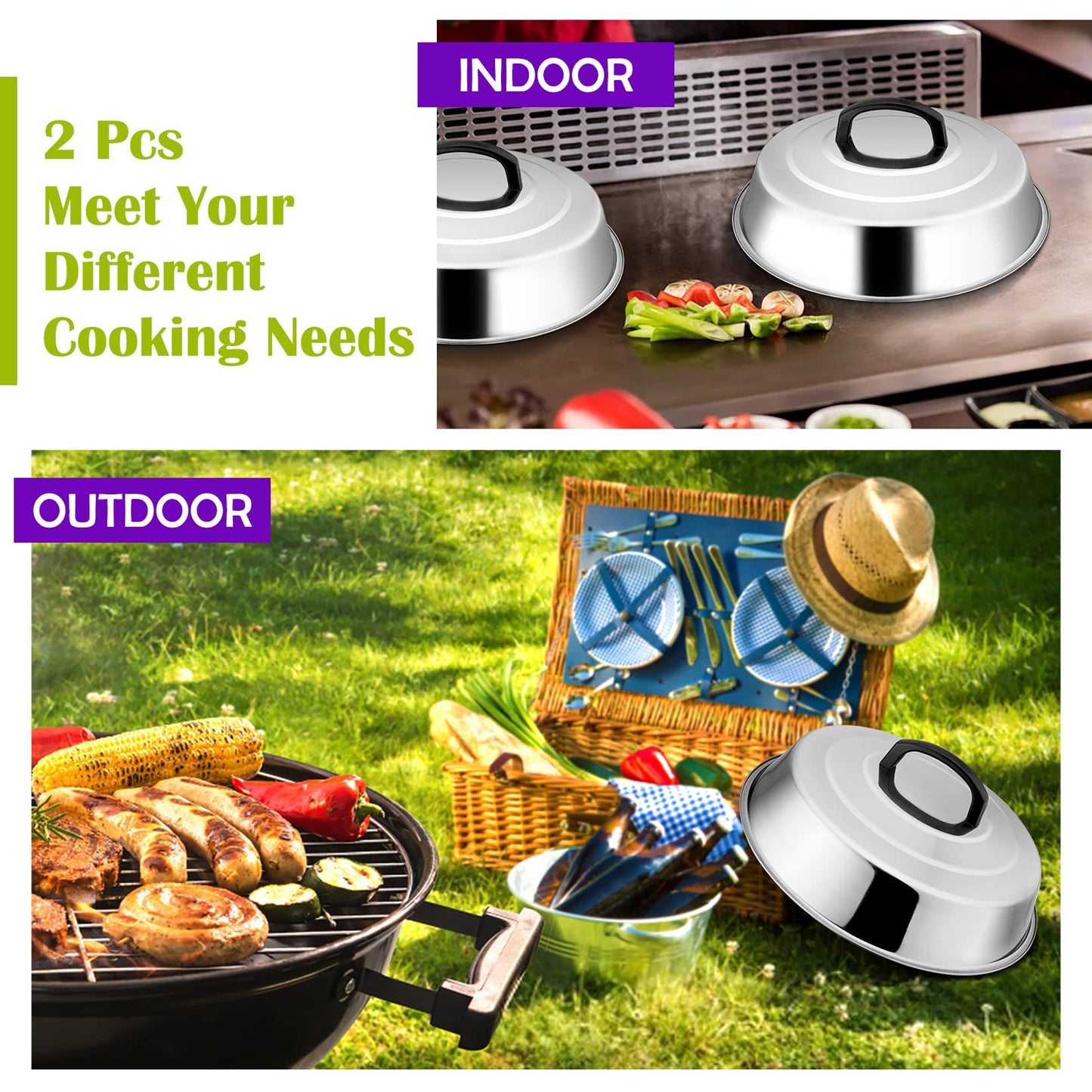 12 Inch Cheese Melting Dome Set of 2, Joyfair Basting Cover for Griddle Grilling Outdoor Camping/Flat Top Teppanyaki, Stainless Steel Lids with Heat-Proof Handle, Dishwasher Safe