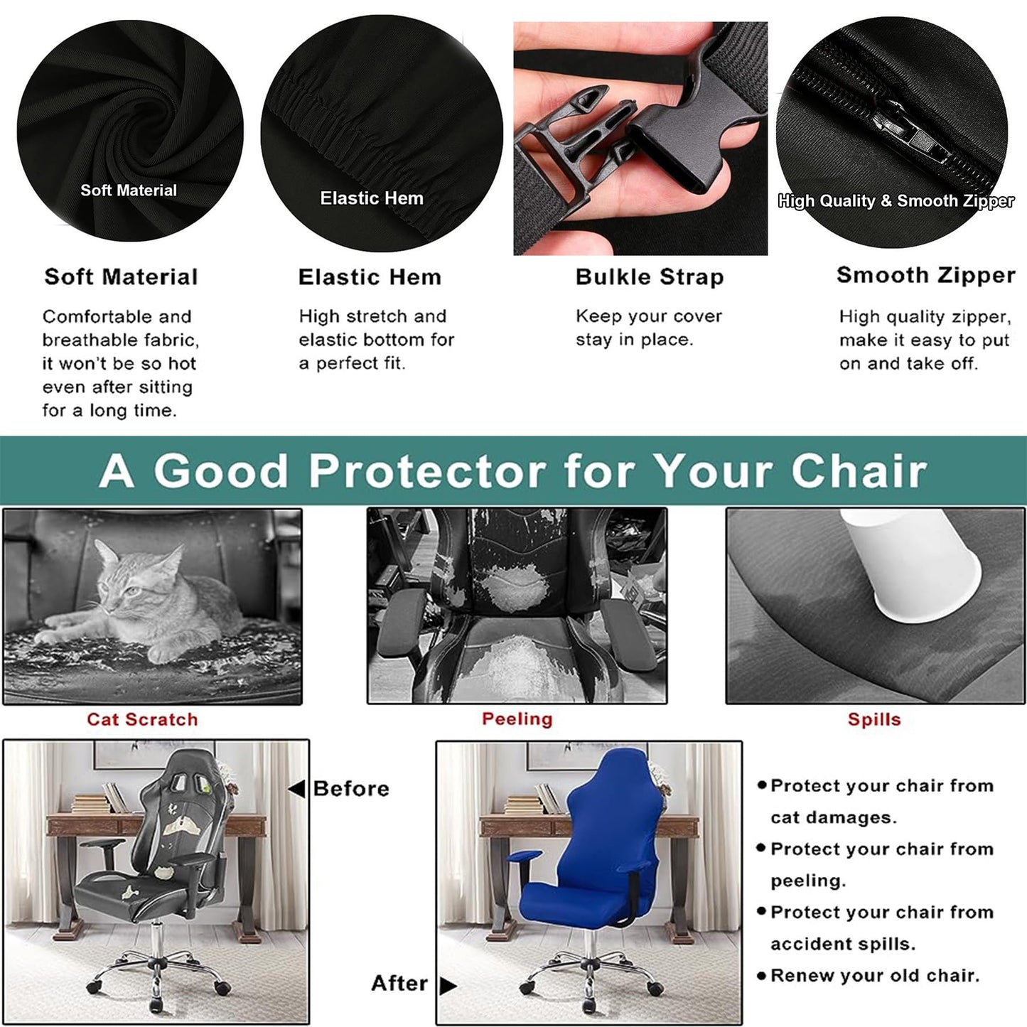 Gaming Chair Covers, Leather Computer Reclining Racing Ruffled Gamer Chair Protector, Stretchable Washable Stylish Slipcovers for Leather Computer Gamer Chair Protector (Black)