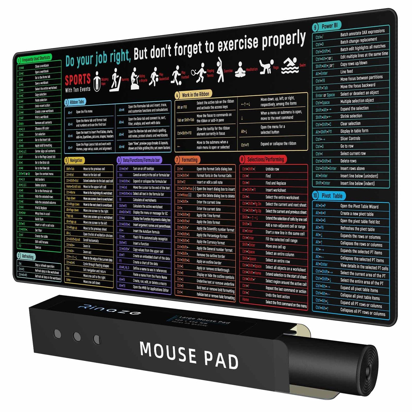 Rinaze Large Mouse Pad with Excel Shortcuts Cheat Sheet Desk Pad, Excel Tips Desk Mat, XXL Gaming Mousepad Keyboard Pad, Office Desk Accessories for Computer, Mac, PC and Laptop