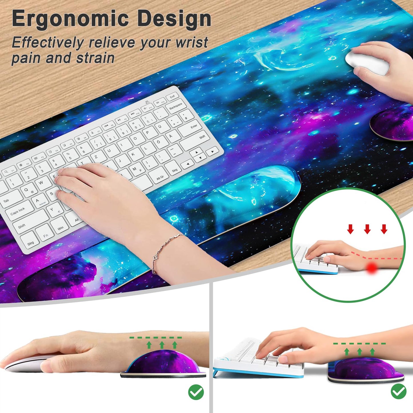 4-in-1 Large Gaming Mouse Pad, Keyboard Wrist Rest Pad & Wrist Support Mouse pad Set, Ergonomic Mouse Pad, Extended Desk Pad Waterproof Desk Mat for Home Office Study - Nebula Galaxy