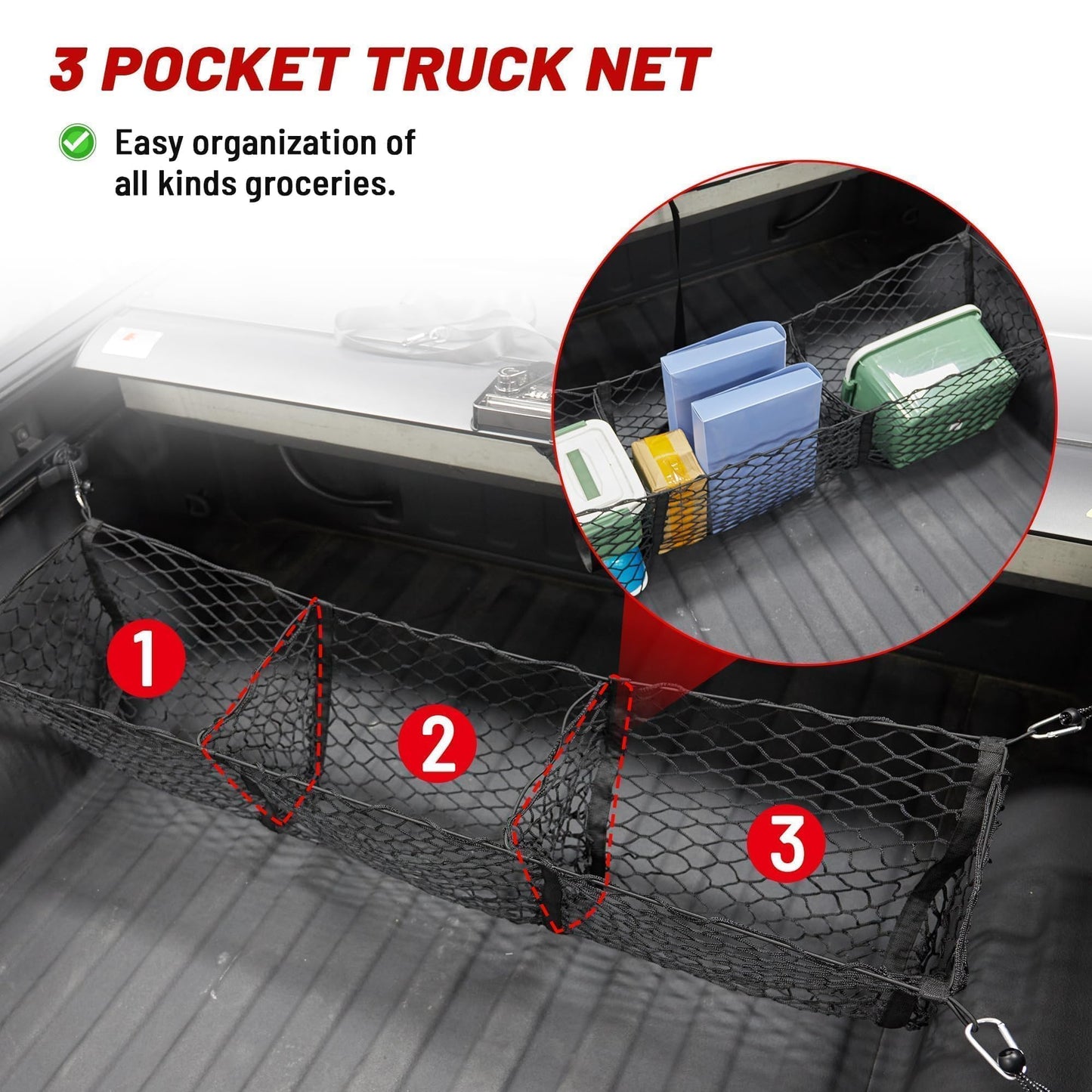 RED WOLF 3 Pockets Cargo Net for Pickup Trunk Ford Dodge Chevy GMC Trunk Bed Storage Organizer Stretchable Rear Cargo Storage Mesh Netting (47.2X 11.8X 11.8 Inch)