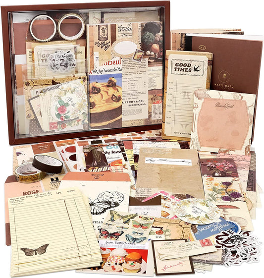 Draupnir Vintage Aesthetic Scrapbook Kit(346pcs), Bullet Junk Journal Kit with Journaling/Scrapbooking Supplies, Stationery, A6 Grid Notebook with Graph Ruled Pages.DIY Gift for Teen Girl Kid Women.