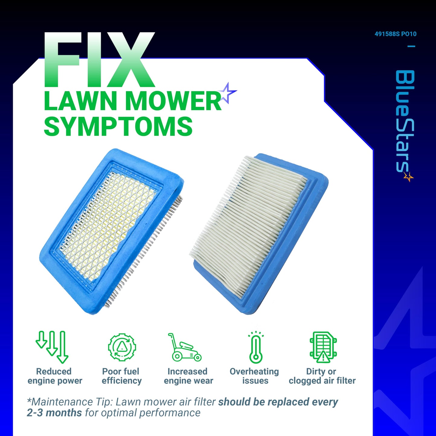 BlueStars 10 packs 491588S Air Filter - For 491588 399959 625-675 Troy-Bilt TB110 TB230 TB210 725ex 675ex 625e 625-675 Toro 20332 Craftsman 33644 Push Lawn Mower Flat Air Cleaner Cartridge 3.5-6.5 HP