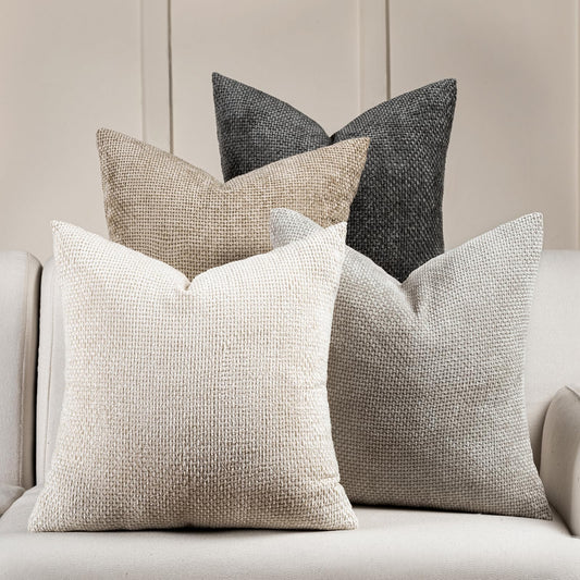 Volcanics Boho Throw Pillow Covers 18x18 Inch Set of 4, Neutral Chenille Decorative Cushion Covers for Couch, Sofa, Bedroom, Living Room, Farmhouse & Mid-Century Modern Home Decor
