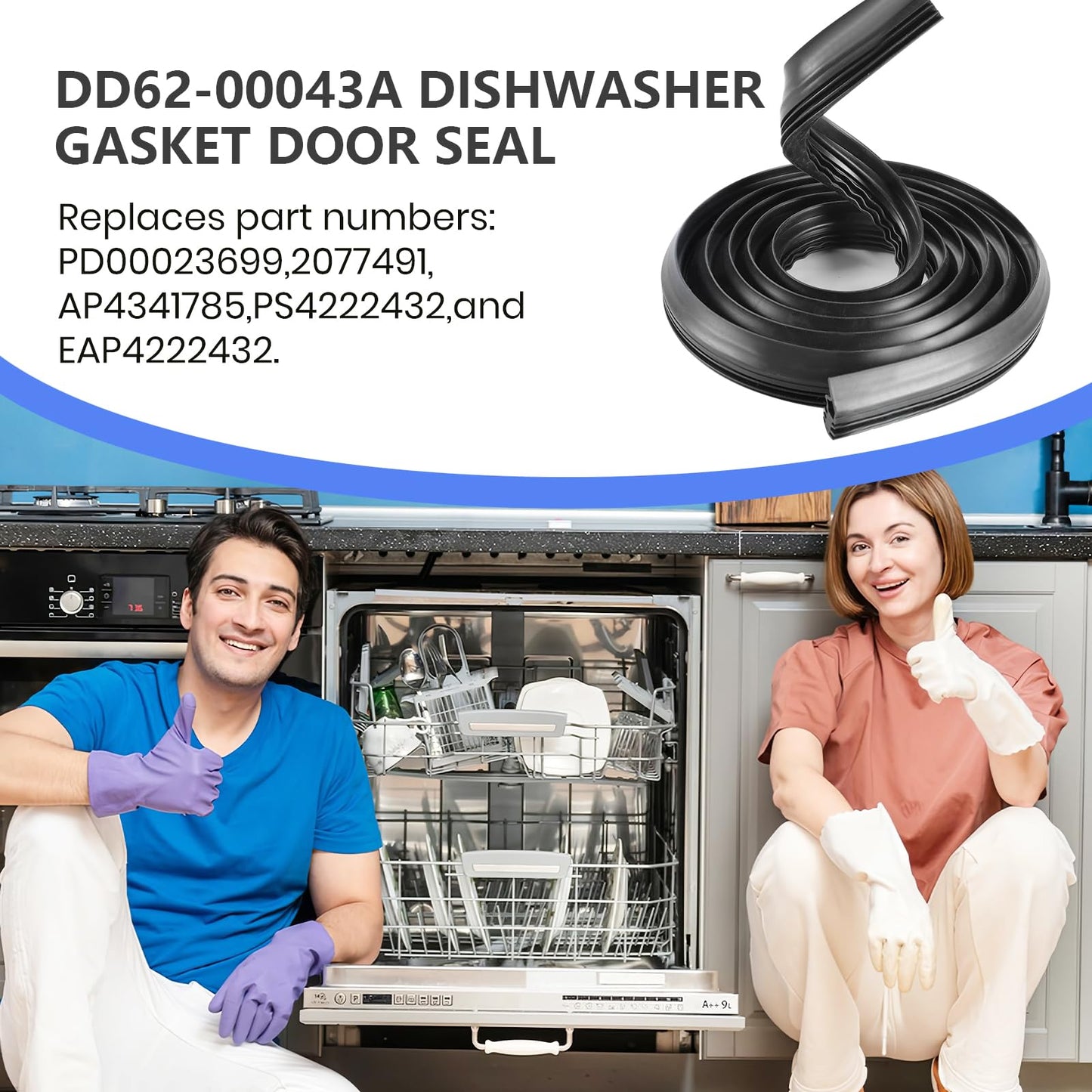 Sunniswi DD62-00043A Dishwasher Front Tub Door Seal Door Gasket (Black)