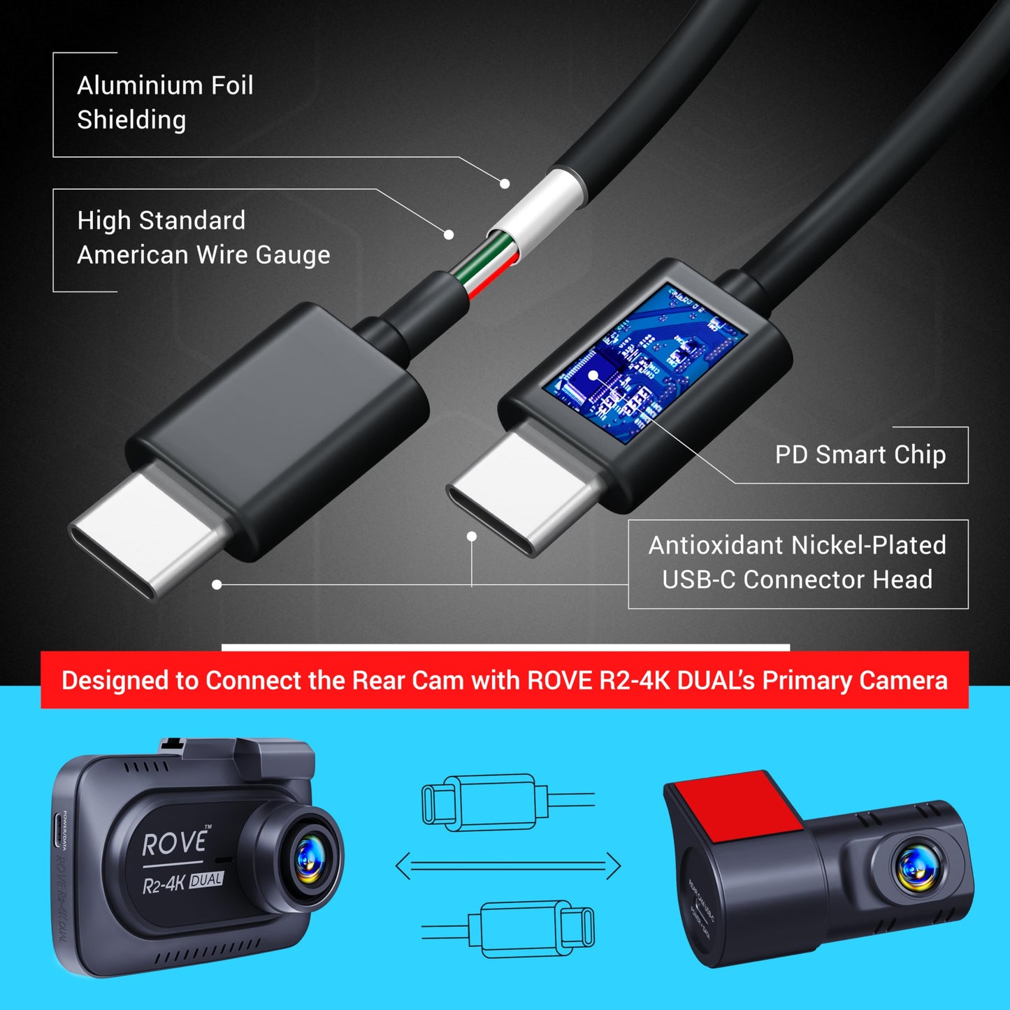 ROVE Ultimate 9M Rear Camera Cable for R2-4K Dual Dash Cam