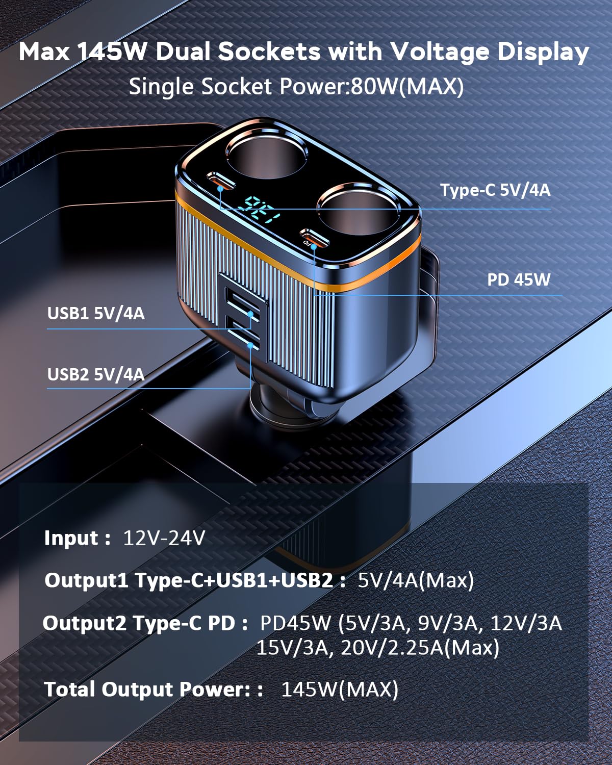 6 in 1 Cigarette Lighter Adapter with PD45W Charging, AKAARI 145W Car Charger Adapter, 24V/ 12V Cigarette Lighter Splitter with 1 USB-C, 2 USB-A Charger and Super Fast PD45W Charging, Voltage Display