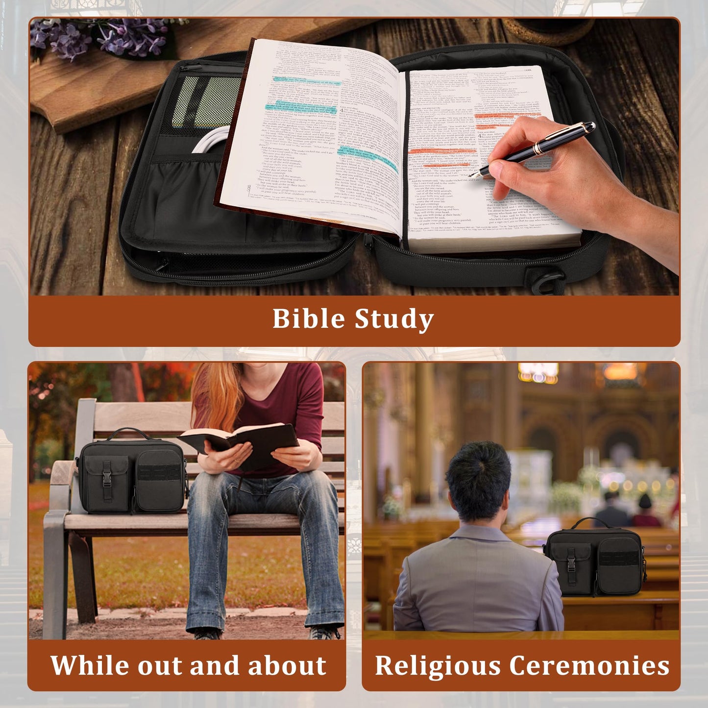 Damero Bible Cover for Men Women, Bible Carrying Case Church Bag with Pockets and Shoulder Strap, Black (Patent Pending)