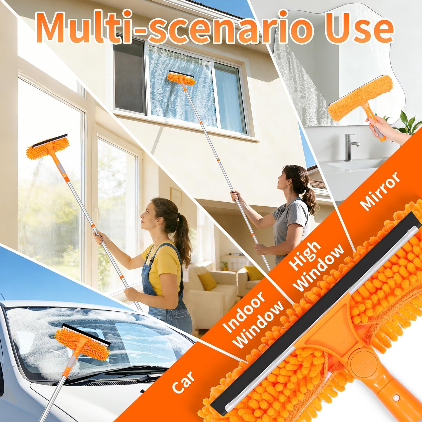 152’’/ 109" Window Cleaning Tool Kit, 2 in 1 Rotatable Window Cleaner Tool, Extendable Window Squeegee for Indoor Outdoor High Window, Car, Glass
