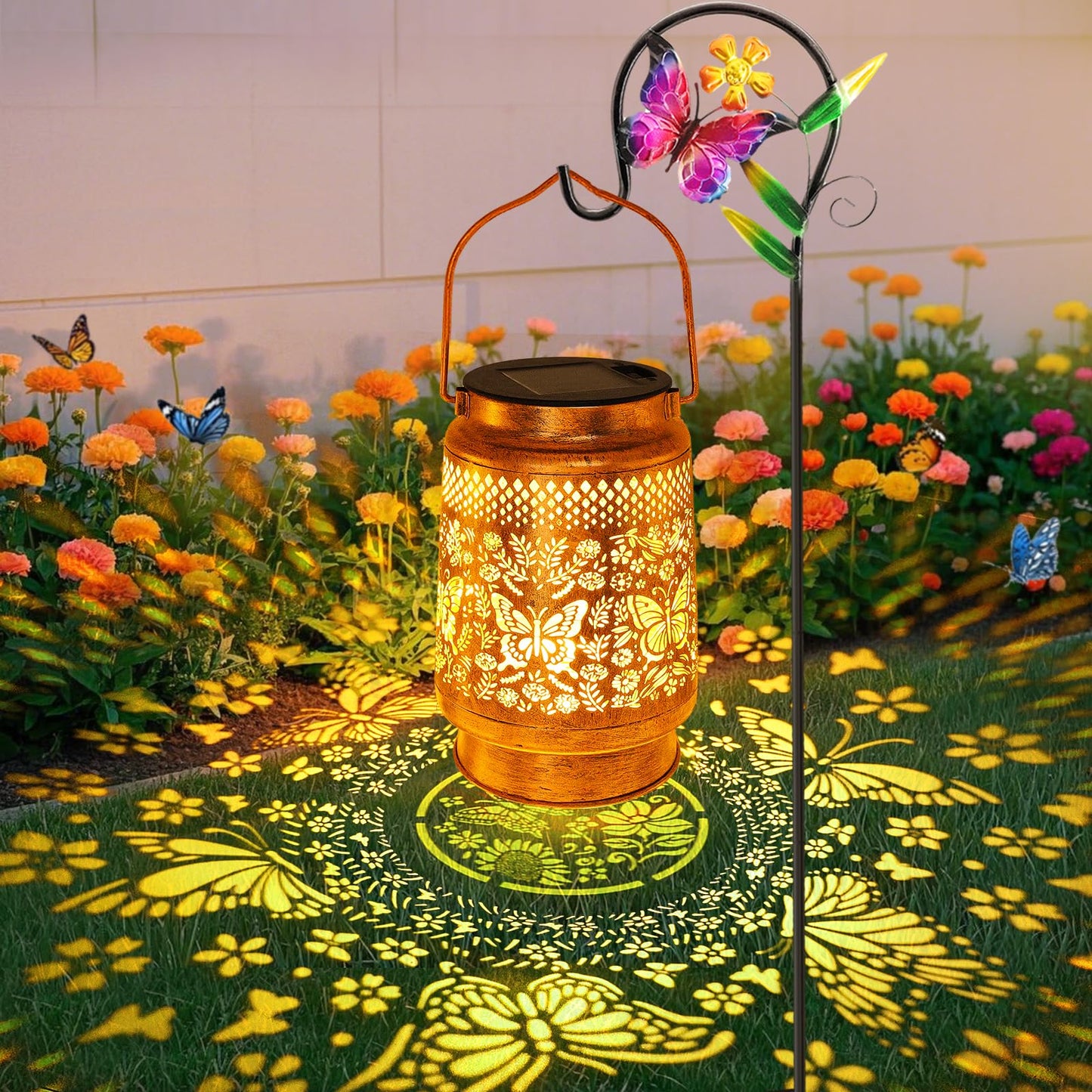Solar Lanterns Outdoor Hanging Lantern Lights with Shepherd Hook, Gardening Gifts for Mom Grandma Women Butterfly Metal Decor Lantern Waterproof Solar Lights LED Decorative for Garden Yard Patio
