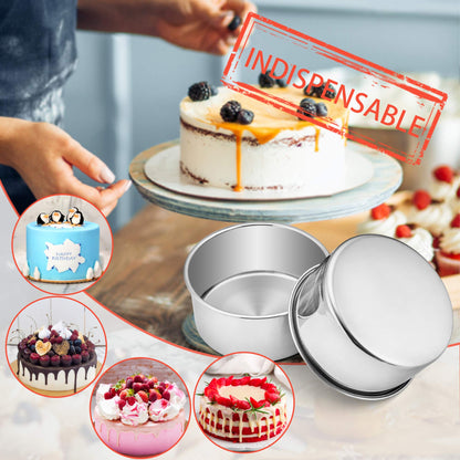 6 x 3 Inch Round Cake Pans, E-far Stainless Steel Deep Cake Baking Pan for Layer Cake Chiffon Cheesecake, Healthy Metal Cake Tin for Birthday Wedding Party, Straight Side & Dishwasher Safe - Set of 3