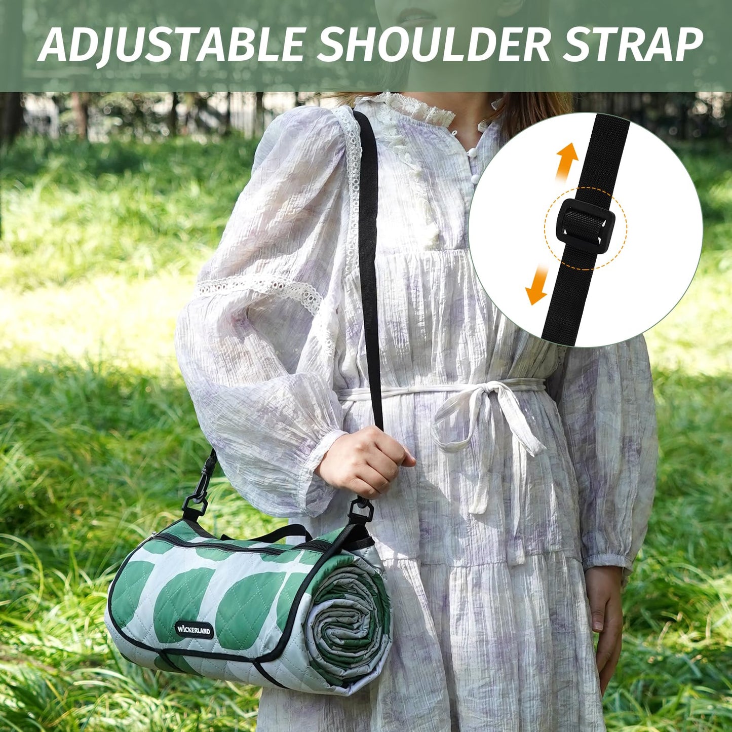 WICKERLAND Picnic Blankets Extra Large - Beach Blanket Waterproof Sandproof with Shoulder Strap, Machine Washable, Outdoor Blanket with Stakes for Grass Concert, Park, Lawn,Travel,Spring Summer.Green