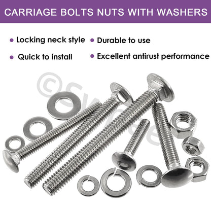Swpeet 80Pcs 5 Sizes 1/4", 5/16", 3/8", Carriage Bolts Screws Nut Washer Assortment Kit, 304 Stainless Steel Round Head Square Neck Screws, Full Thread Carriage Bolts, Hex Nuts, Flat/Lock Washers