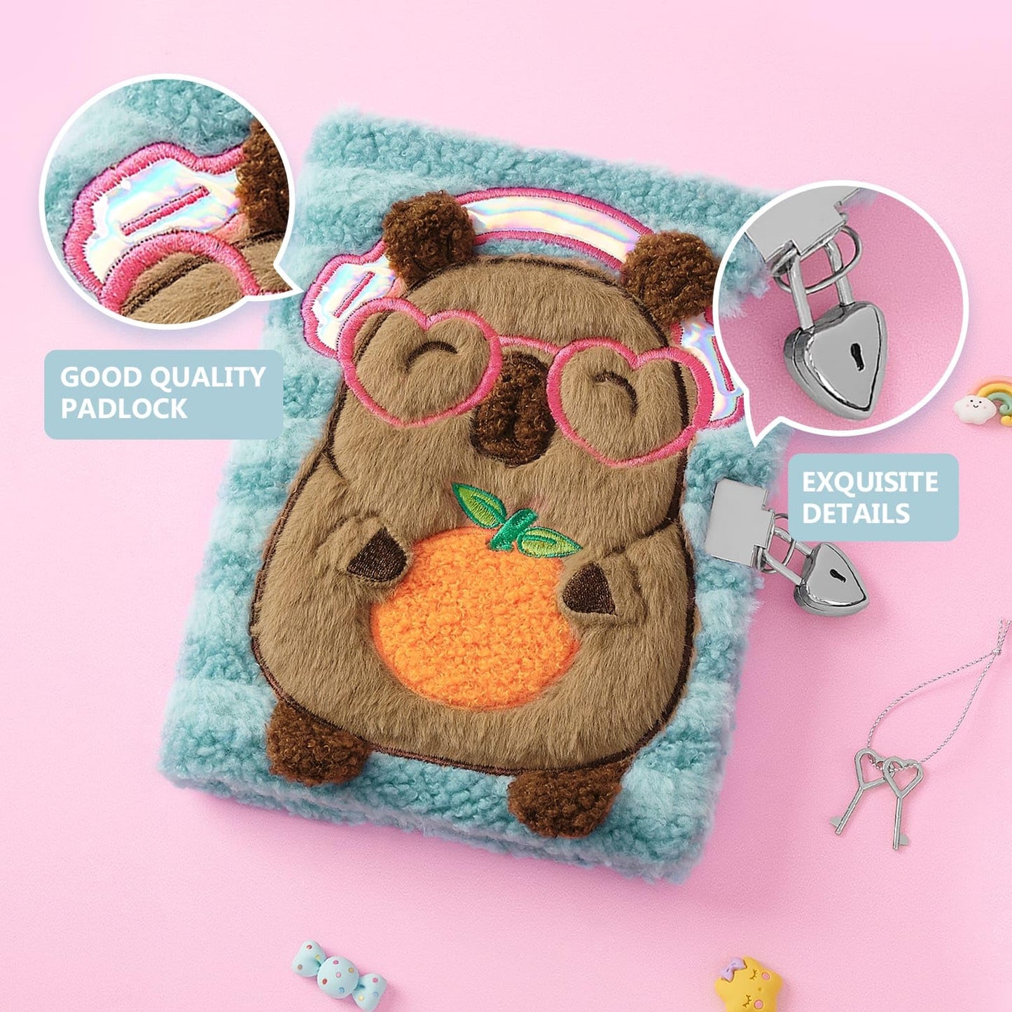 WERNNSAI Capybara Kids Secret Diary for Girls with Lock Key, Kids Plush Journal Kit, School Travel Notebook with Pen, Stickers for Writing Drawing, Birthday Gift for Girls Ages 6-8