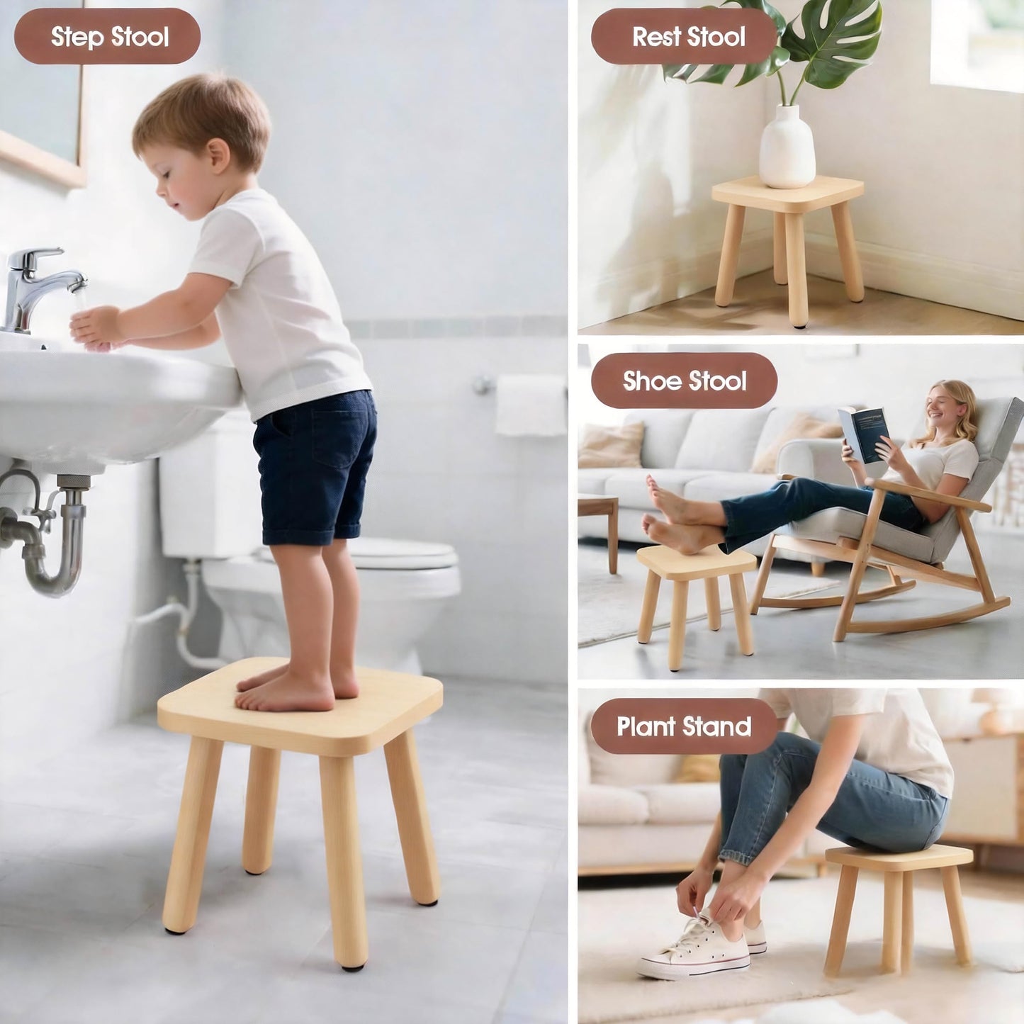 XIHESHIJ 11.6" Non-Slip Wooden Step Stool - Compact & Sturdy, 250 Lbs Capacity, Easy Assembly for Bedroom, Bathroom, Kitchen Toddler Chair Wooden Kids Desk (Nature)
