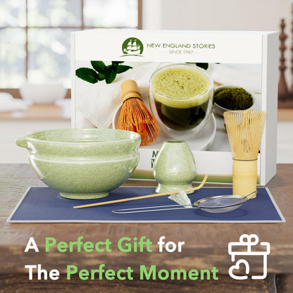 7 Pcs Matcha Whisk Set, Perfect Matcha Kit for Matcha Lovers Includes Ceramic Bowl, Bamboo Whisk, Holder, Scoop, Sifter & Cloth