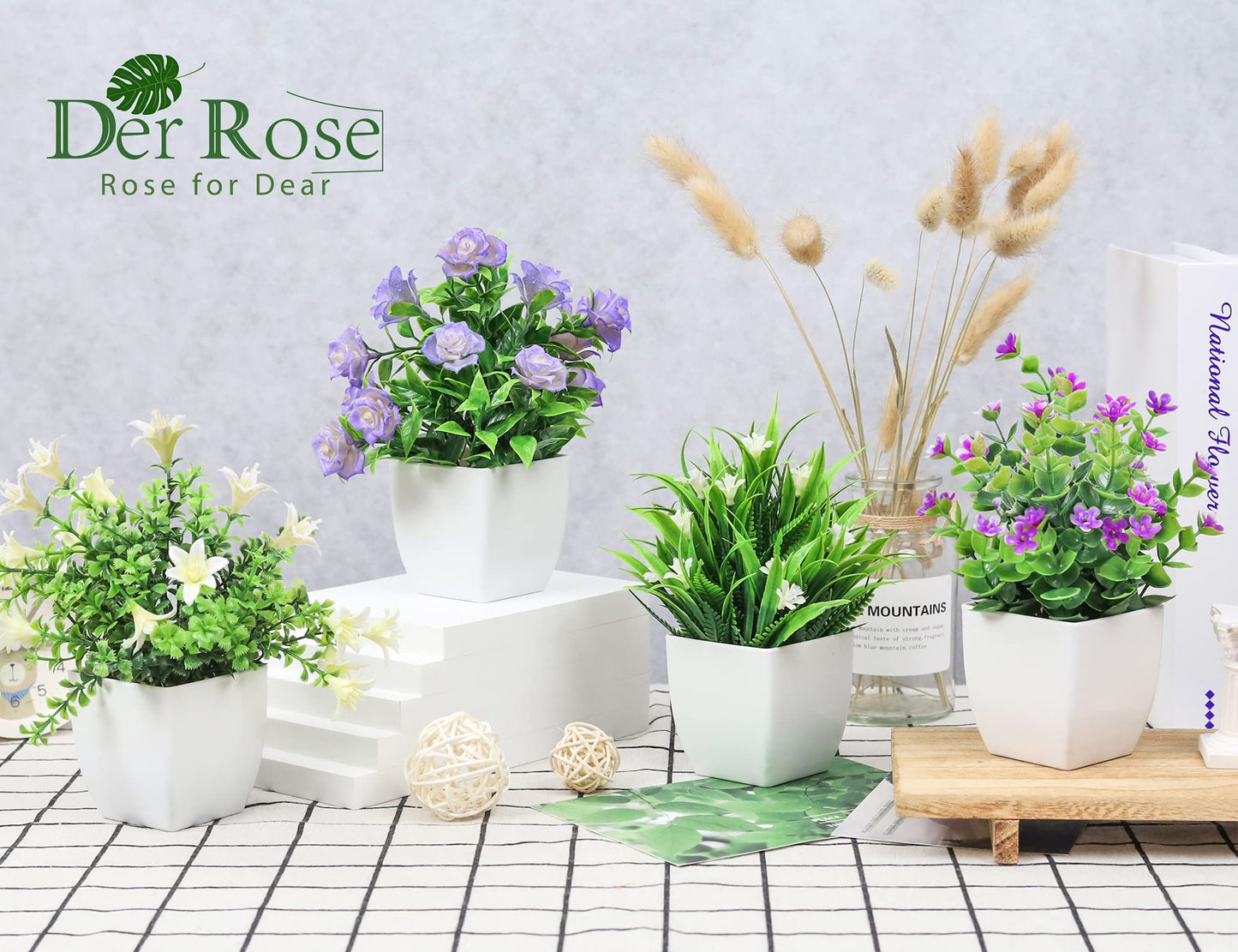 Der Rose 4 Pack Small Fake Plants Mini Artificial Faux Plants with Fake Flowers for Home Room Farmhouse Bathroom Decor Indoor