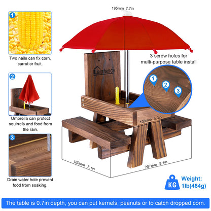 Squirrel Feeder Picnic Table with Umbrella, Lalafancy Carbonized Wood Squirrel Feeder for Outside Funny Chipmunk Feeder with Corn Cob Holder Structure Solid for Squirrel Gift