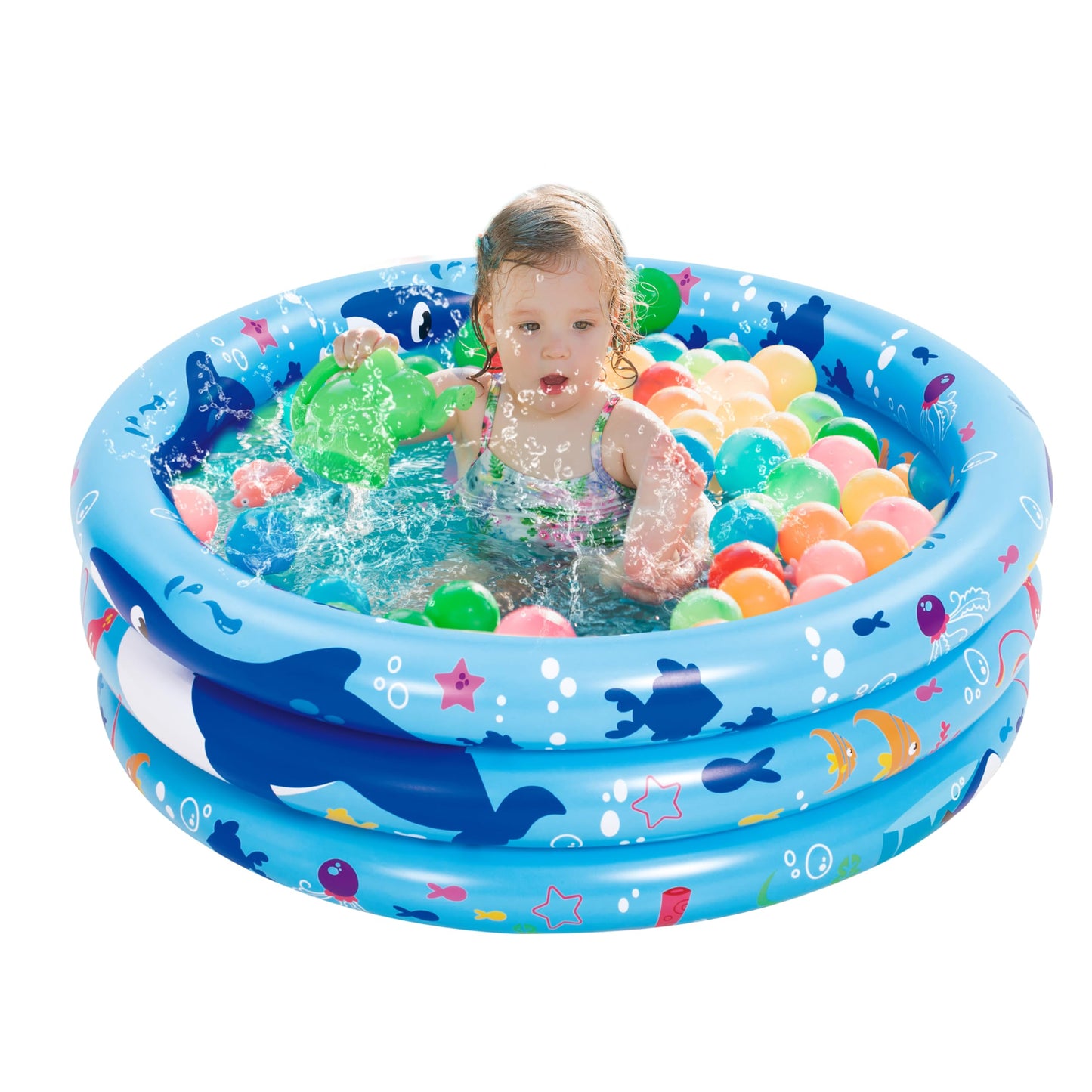 Sloosh Inflatable Kiddie Pool, 34"x10" Blow Up Kids Pool, 3 Rings Blue Baby Pool for Toddler, Kid Swimming Pool Play Pit for Dog with Ocean Whale Pattern for Summer Water Party Backyard Garden(Whale)