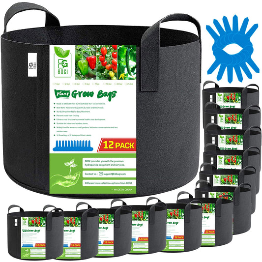 BOGI Grow Bags 12 Pack 3 Gallon Grow Bags Heavy Duty Thickened Nonwoven Grow Bag with Durable Habdles Fabric Pot for Vegetable Flower Potato Garlic Indoor Outdoor Plants + 12 Waterproof Plant Labels